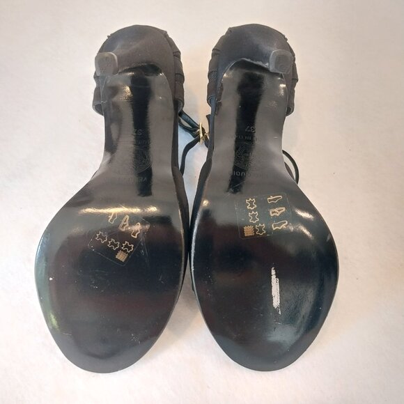 Gianni Versace 4.5" Heels Sandals Womens 37 / 7 Black Satin Mesh T Strap Italy - Picture 7 of 10